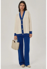 Compleu dama tricotat - cardigan cu nasturi si pantaloni texturati - acril - bleumarin/bej