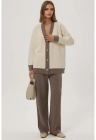 Compleu dama tricotat - cardigan cu nasturi si pantaloni texturati - acril - maro/crem