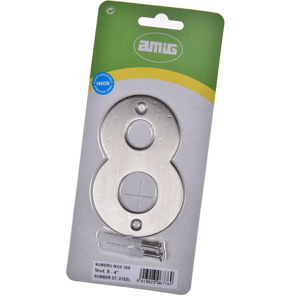 Numar usa/poarta 8 Fischer, inox, prindere suruburi, 10 mm