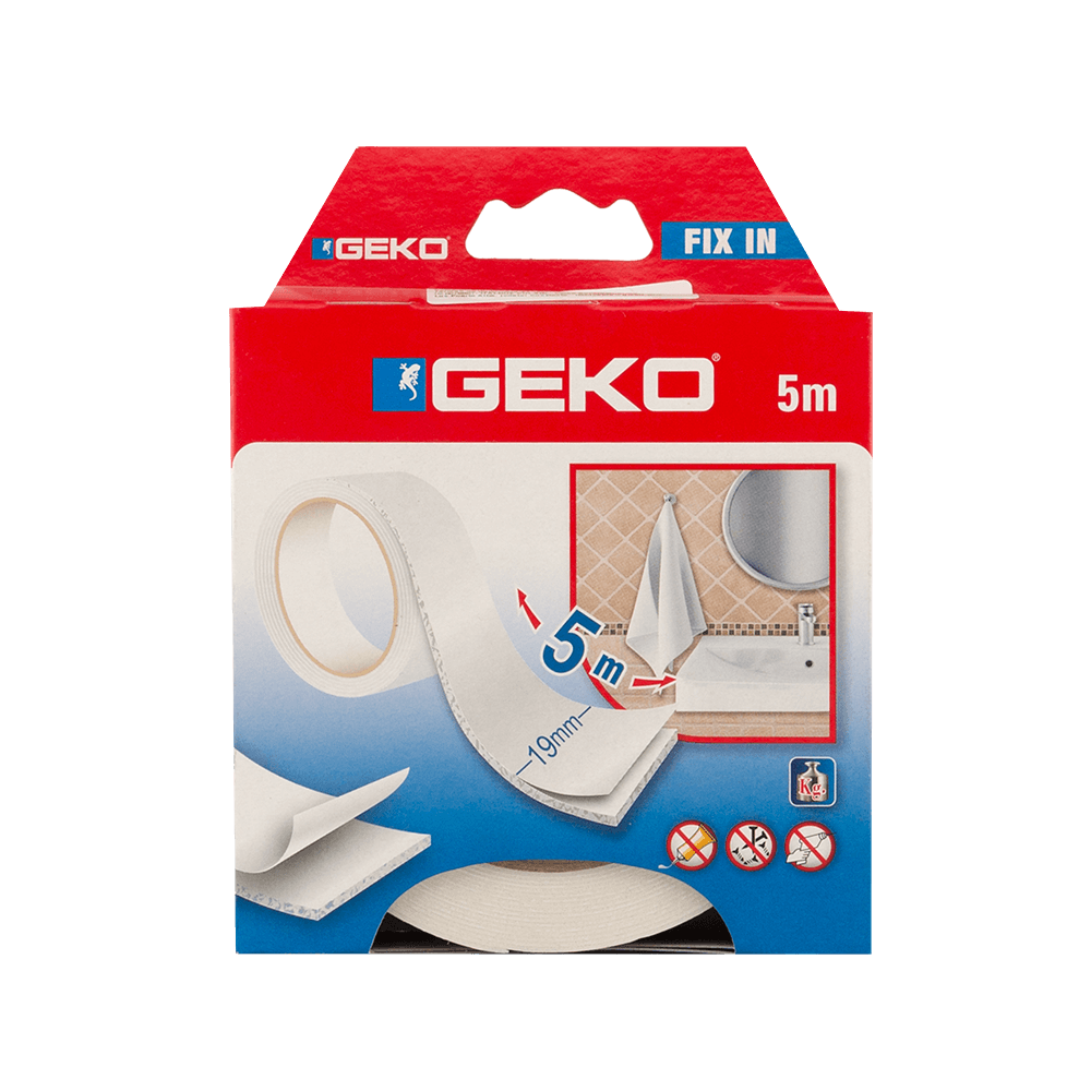 Banda dublu adeviza Geko Fix In, alb, 19 mm x 5 m