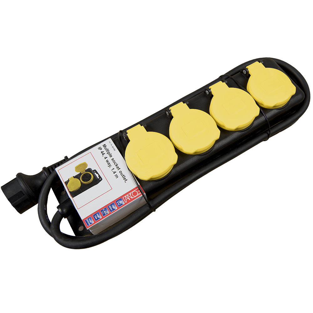 Prelungitor cu capac P4, IP44 N/G, 1.4, 1.5mm, galben, 4 prize