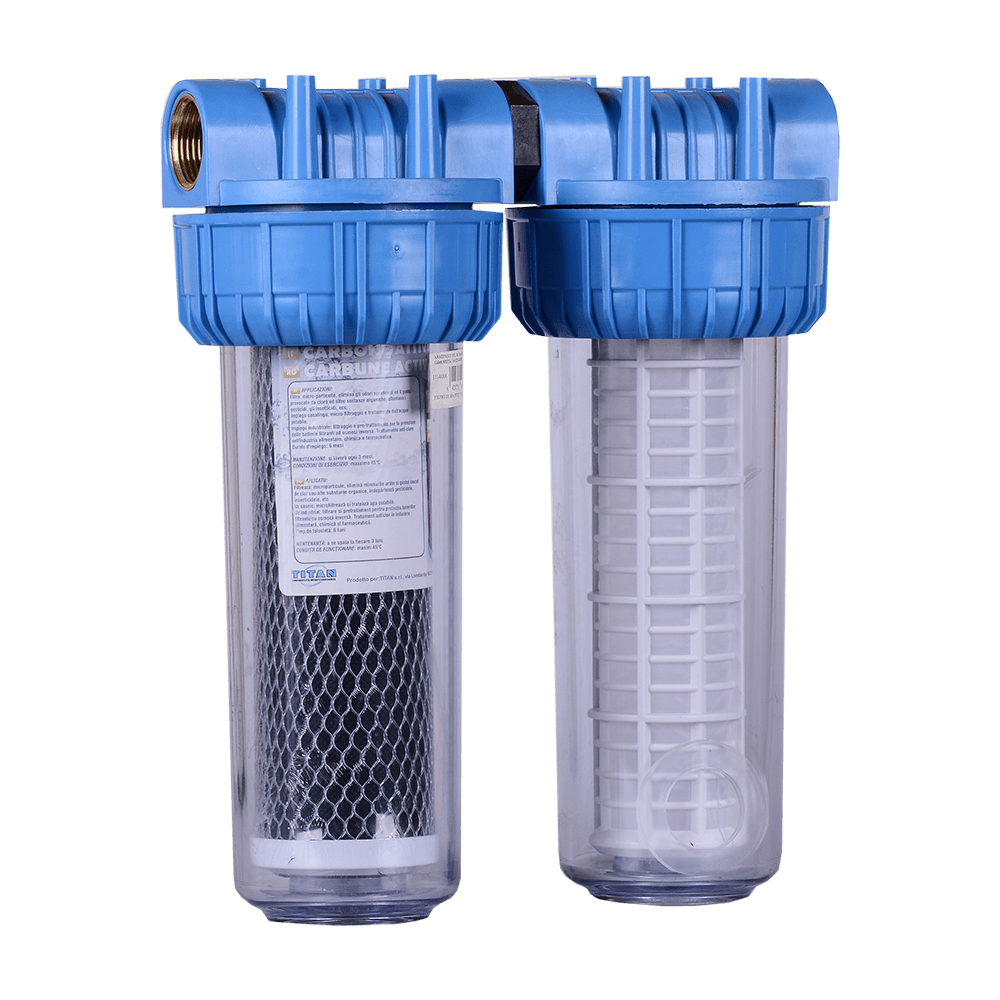 Filtru de apa, cartuse filtrante, sita + carbune activ, 10” cu 1” in linie