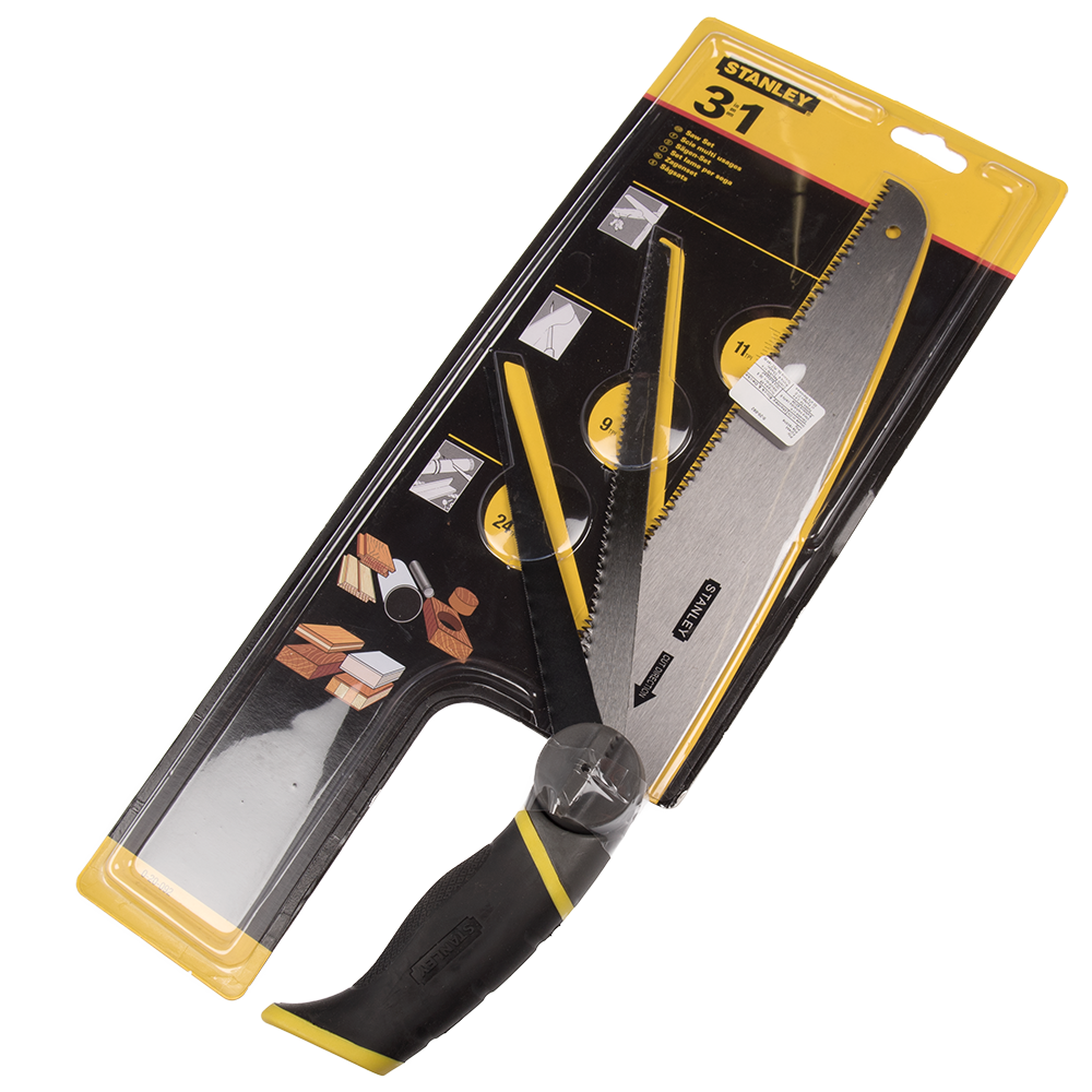Fierastrau manual multifunctional cu trei lame, Stanley 0-20-092 cu maner cauciucat, 250 mm, 200 mm, 150 mm