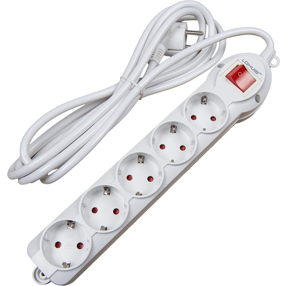 Prelungitor Lohuis cu 5 prize cu intrerupator, contact de protectie, 5 m, 3500W, alb