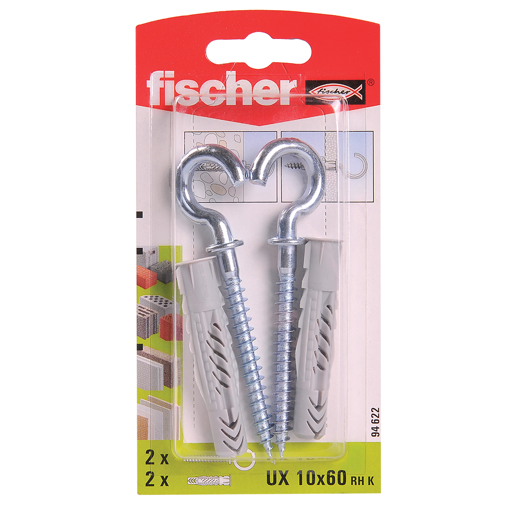 Diblu din nailon cu surub carlig, Fischer UX, 10 x 60 mm, 7 x 97 mm, 2 buc