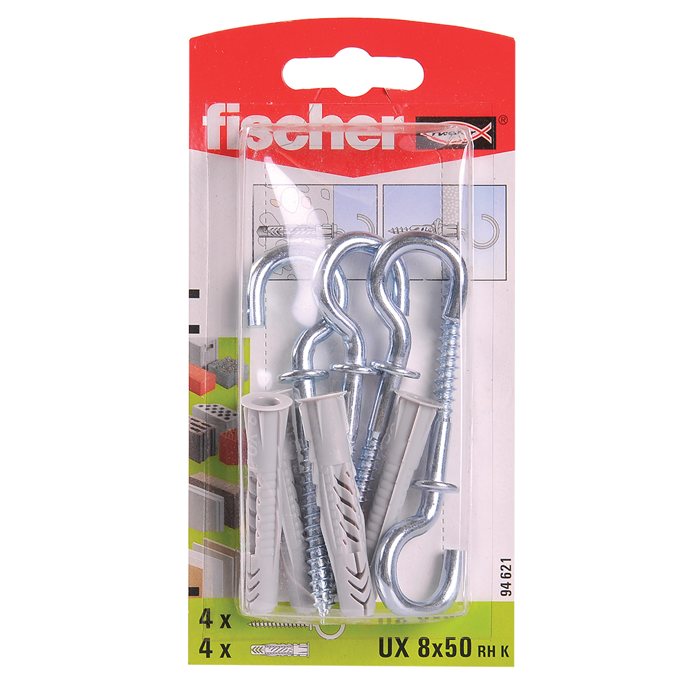 Diblu din nailon cu surub carlig, Fischer UX, 8 x 50 mm, 5,5 x 84 mm, 4 buc