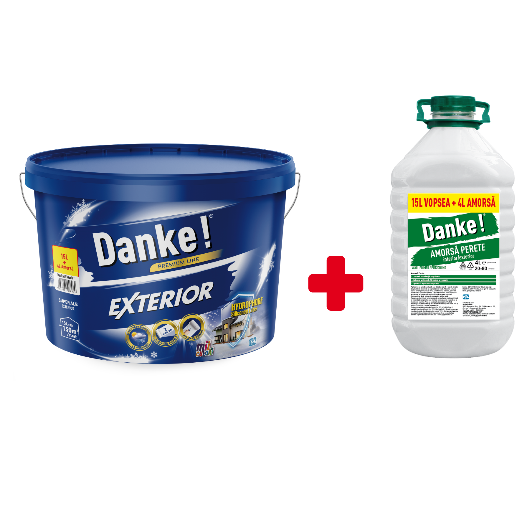 Vopsea lavabila exterior Danke, alb, 15 l + Amorsa 4 l