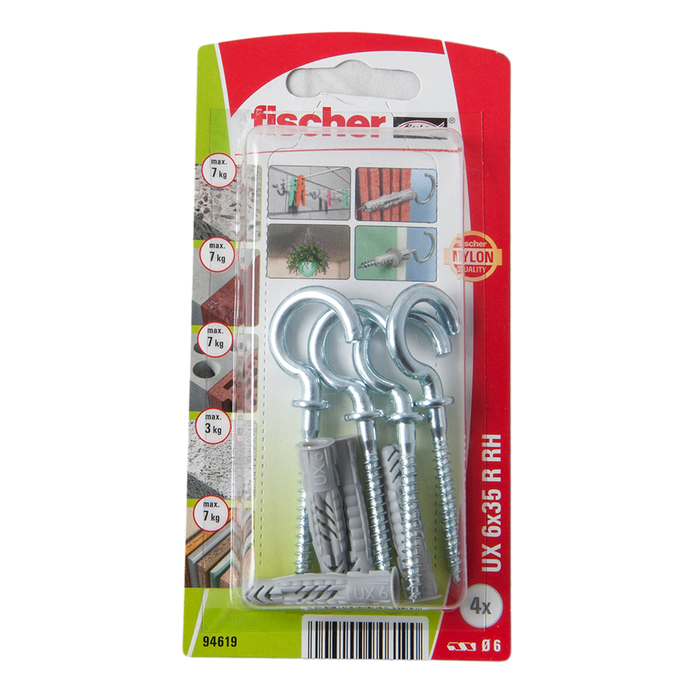 Diblu din nailon cu surub carlig, Fischer UX, 6 x 35 mm, 4,5 x 67 mm, 4 buc