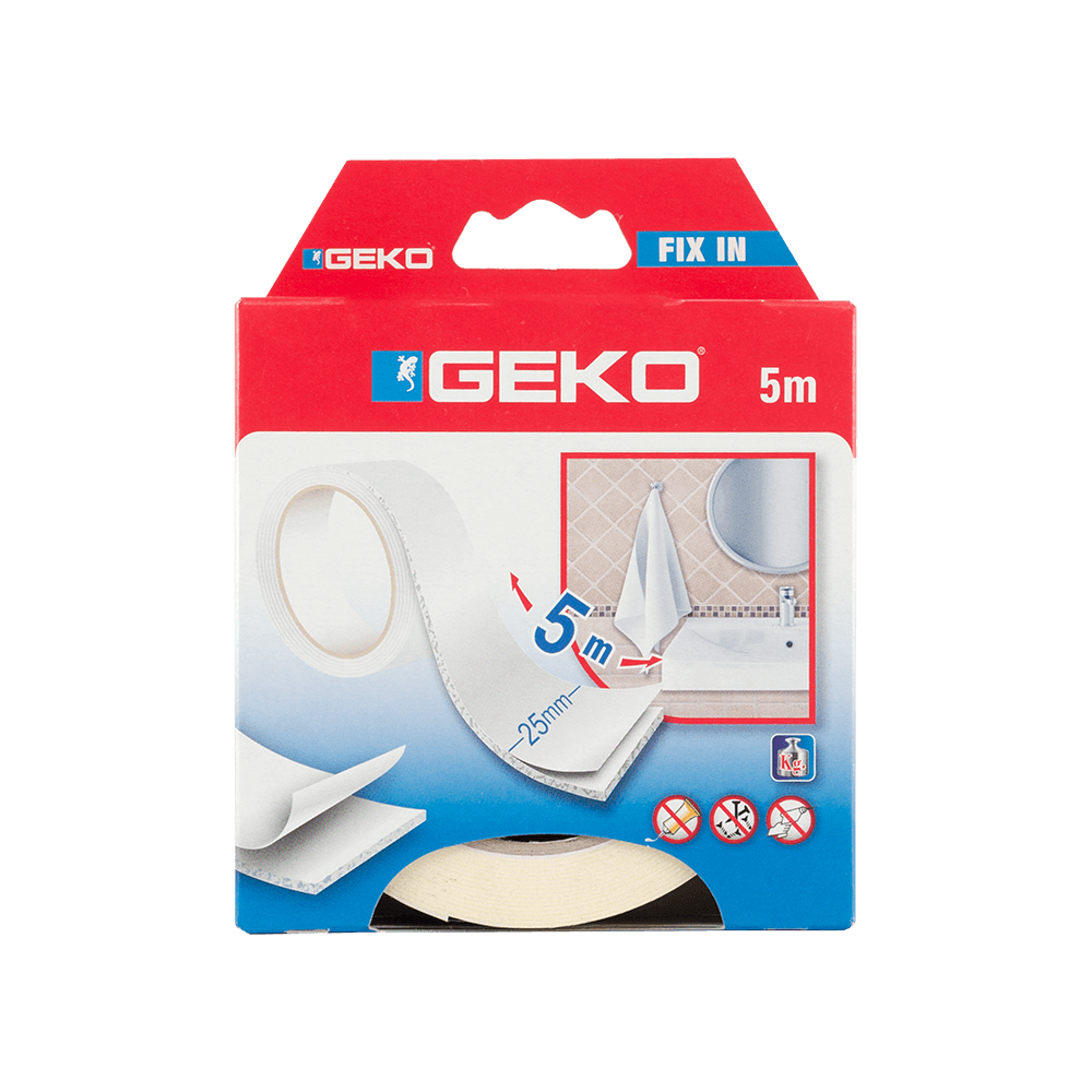 Banda dublu adeviza Geko Fix In, alb, 25 mm x 5 m
