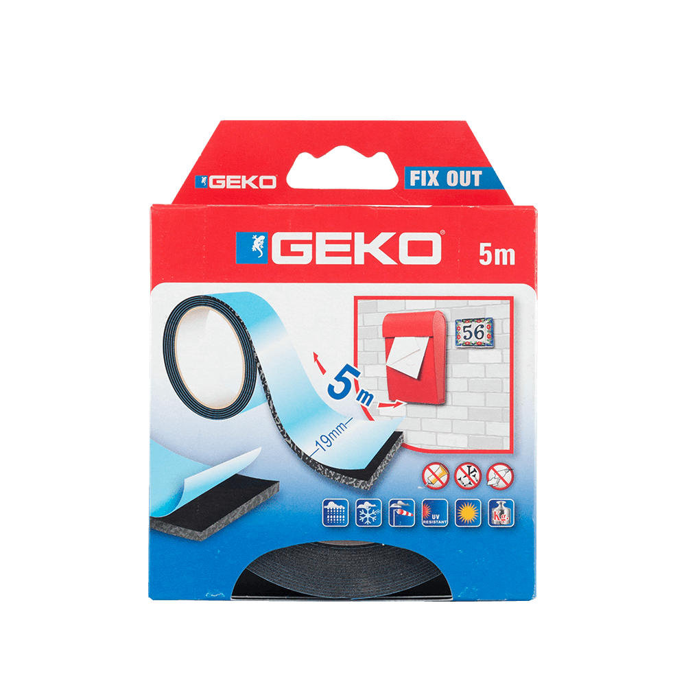Banda dublu adeviza Geko Fix Out, negru, 19 mm x 5 m