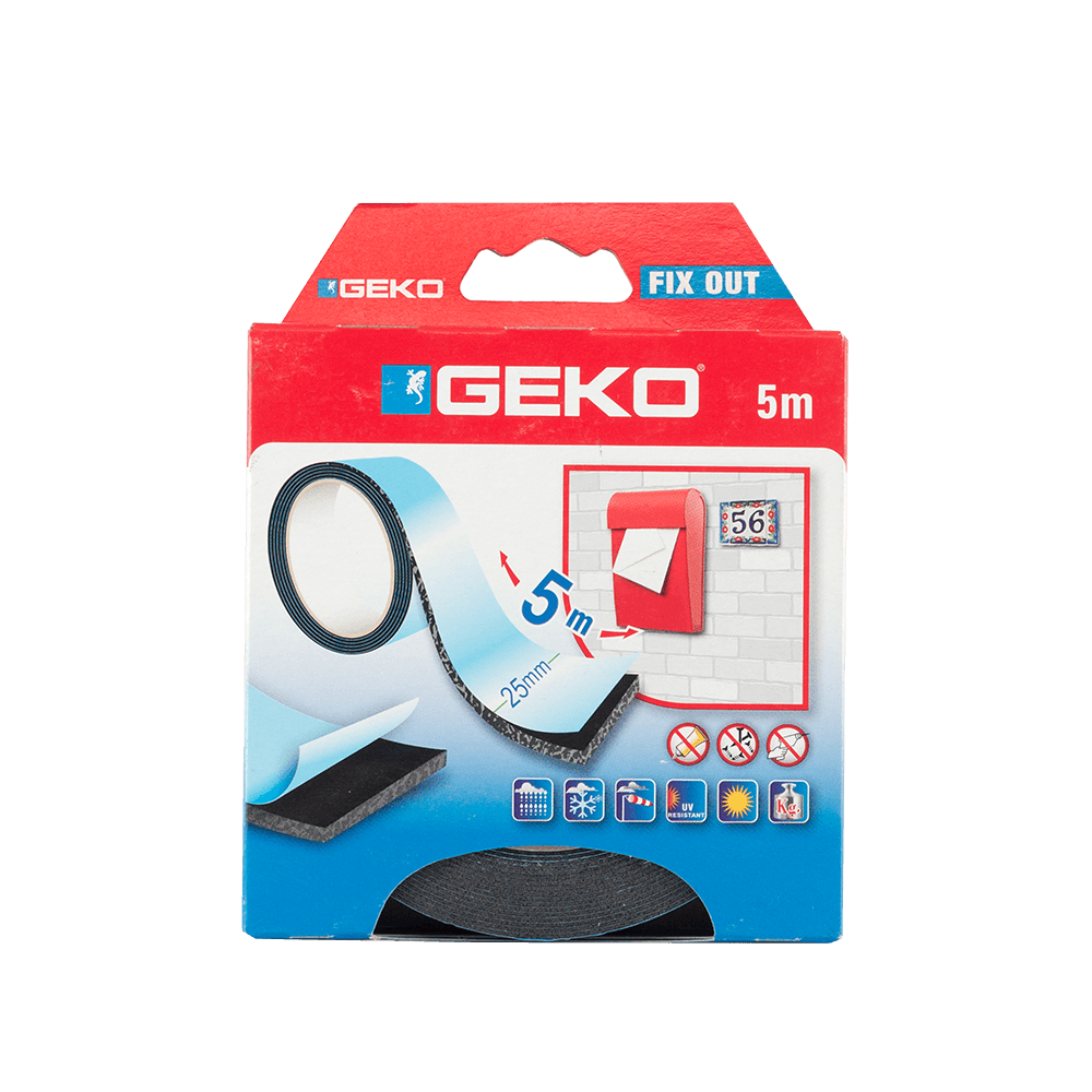Banda dublu adeviza Geko Fix Out, negru, 25 mm x 5 m
