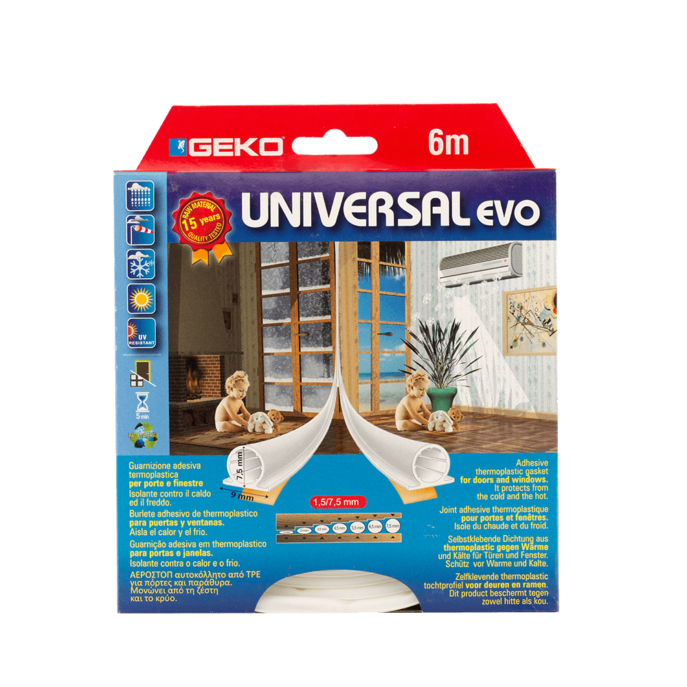 Garnitura adeziva termoplastica Geko Universal, alb, 9 x 7 mm x 6 m