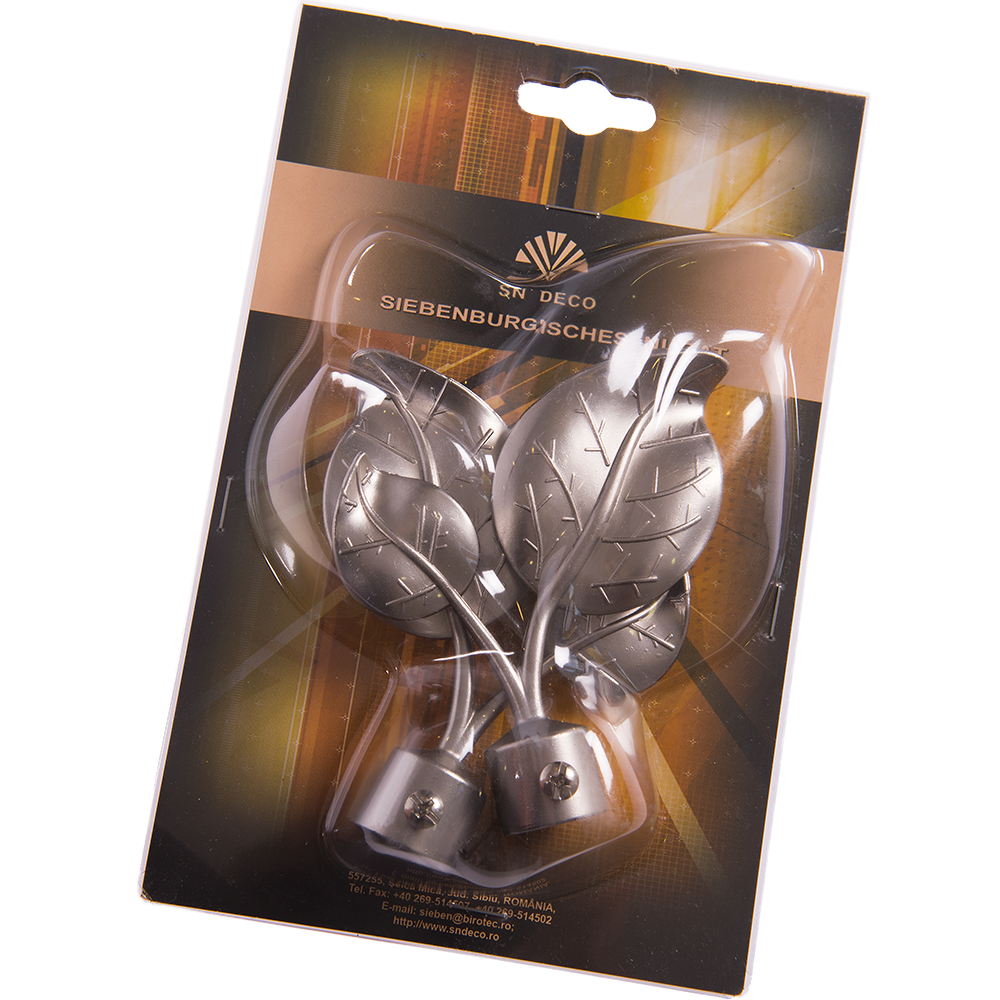 Set 2 capete pentru galerie metal forjat frunza inox, diametru 16 mm