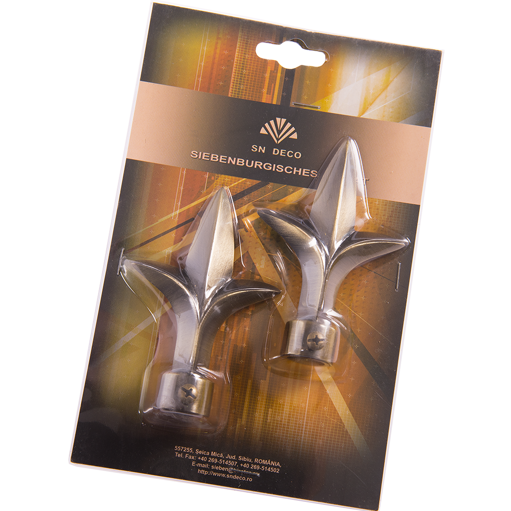 Set 2 capete pentru galerie metal forjat lance auriu antic, diametru 16 mm
