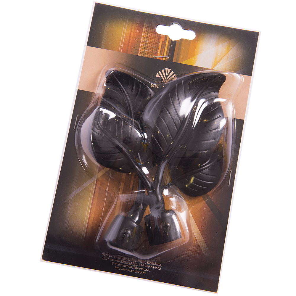 Set 2 capete pentru galerie metal forjat frunza negru, diametru 20 mm