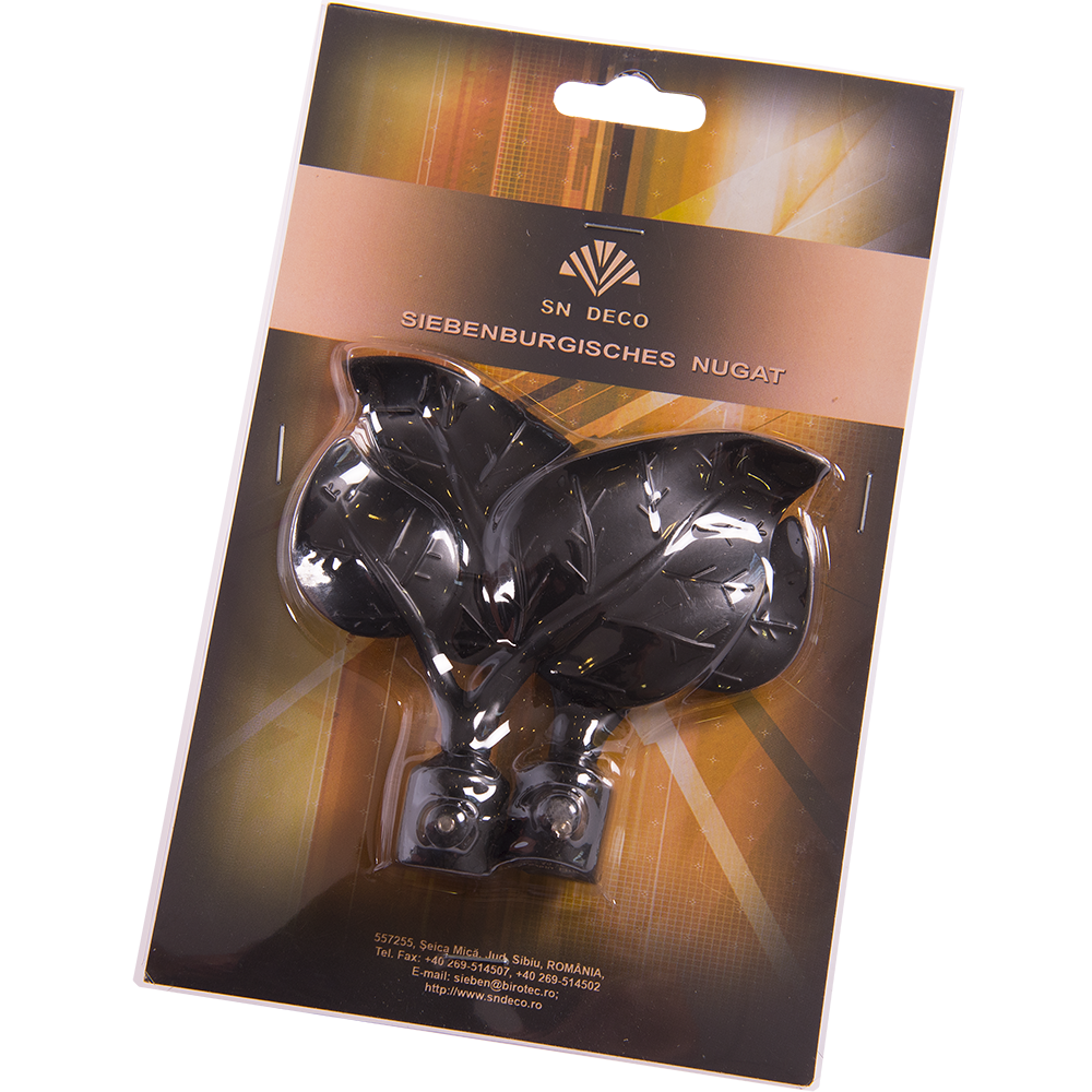 Set 2 capete pentru galerie metal forjat frunza negru, diametru 16 mm