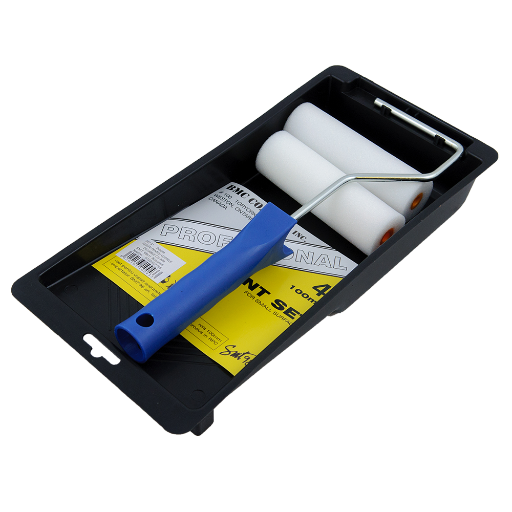 Set 4 unelte pentru vopsit, tava + maner + 2 role rezerva, burete, 100 mm