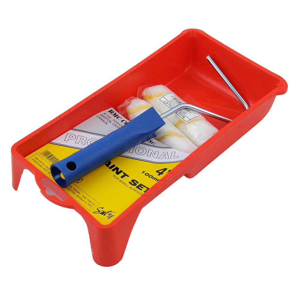 Set 4 unelte pentru vopsit suprafete mici, tava+ maner +2 role rezerva  bumbac, 100 mm