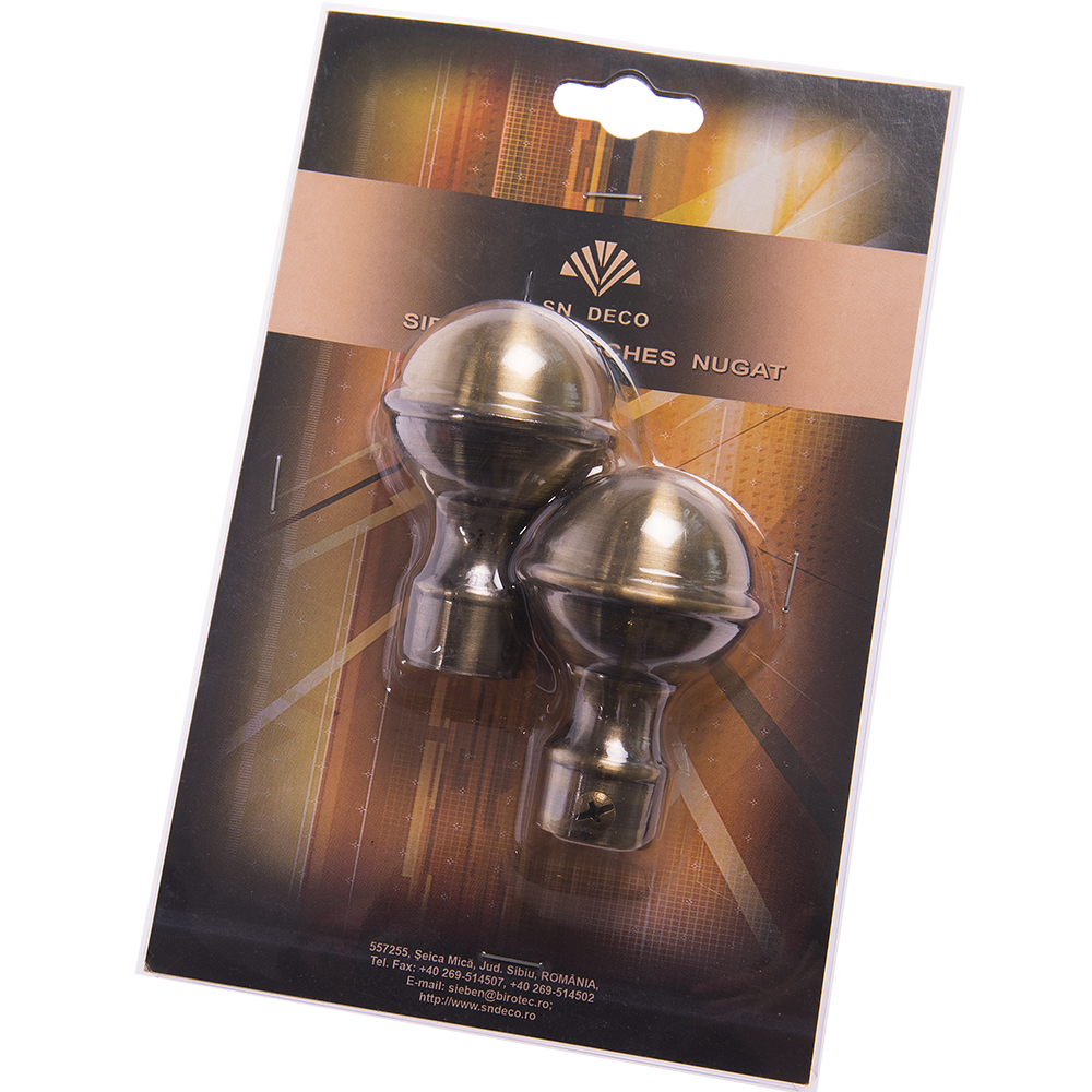 Set 2 capete pentru galerie metal forjat kugel auriu antic, diametru 20 mm