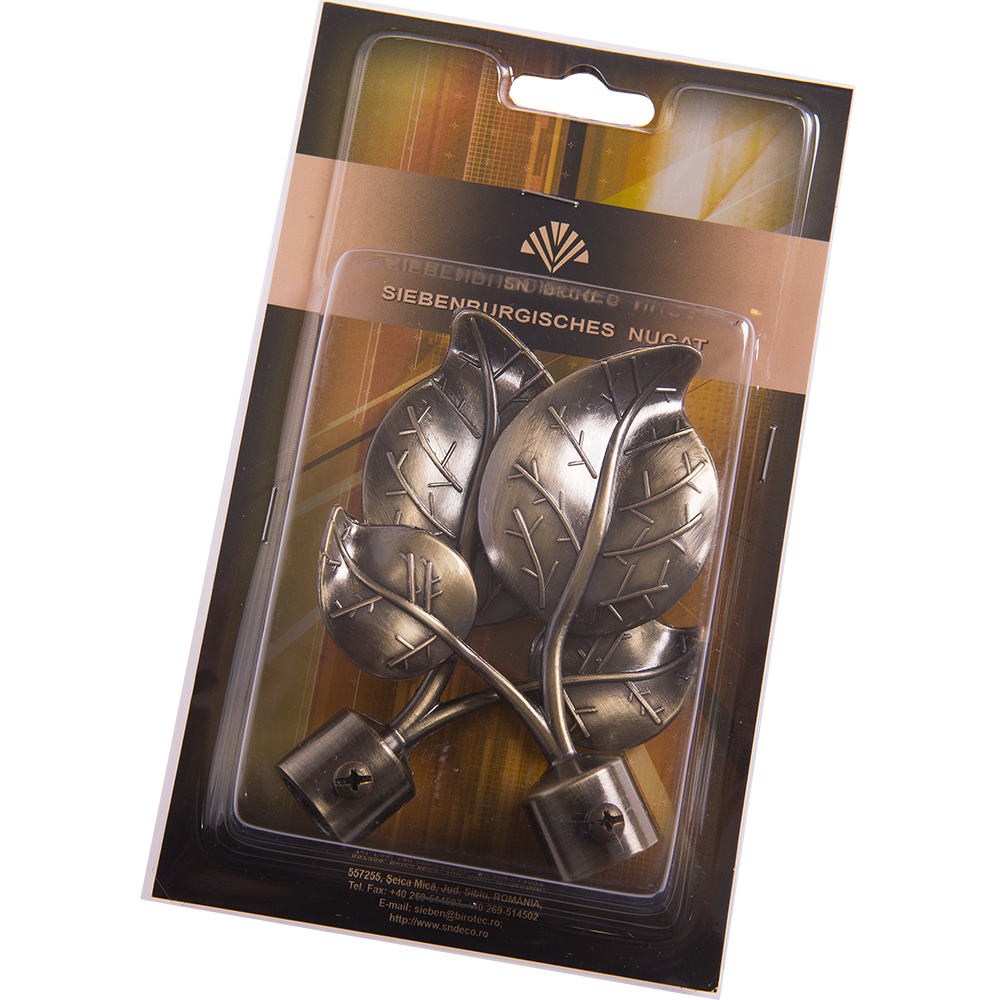Set 2 capete pentru galerie metal forjat frunza auriu antic, diametru 16 mm