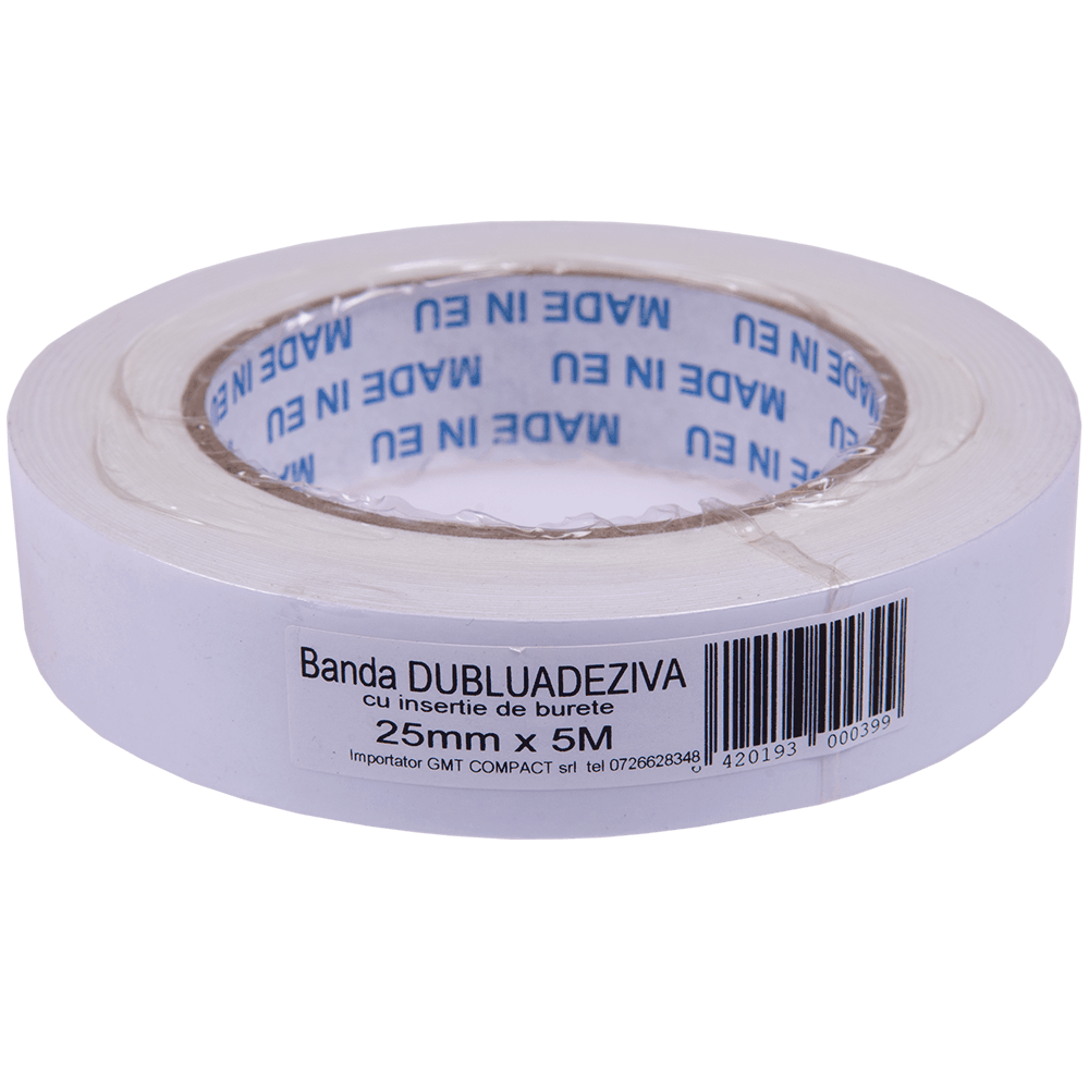 Banda dublu adeziva, pentru fixari, suport burete, gri, 25 mm, 5m