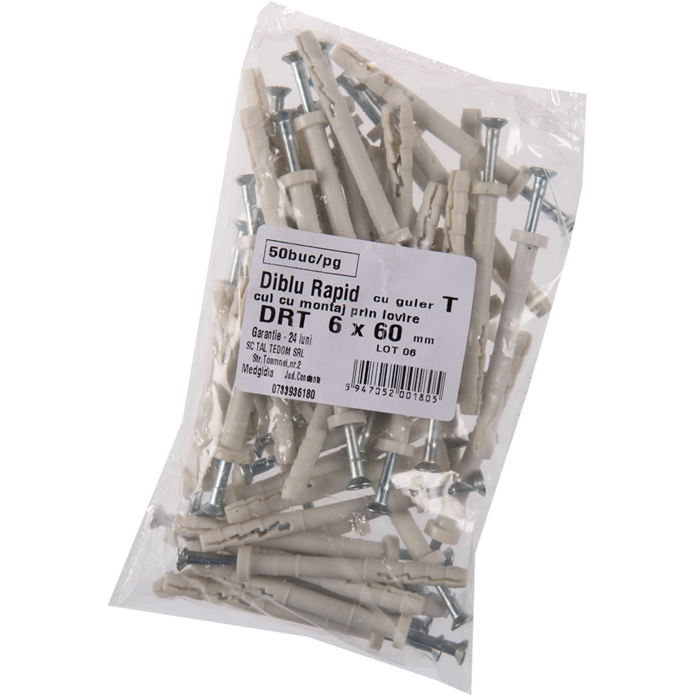 Diblu rapid T din plastic, cu surub din otel zincat, 6 x 60 mm