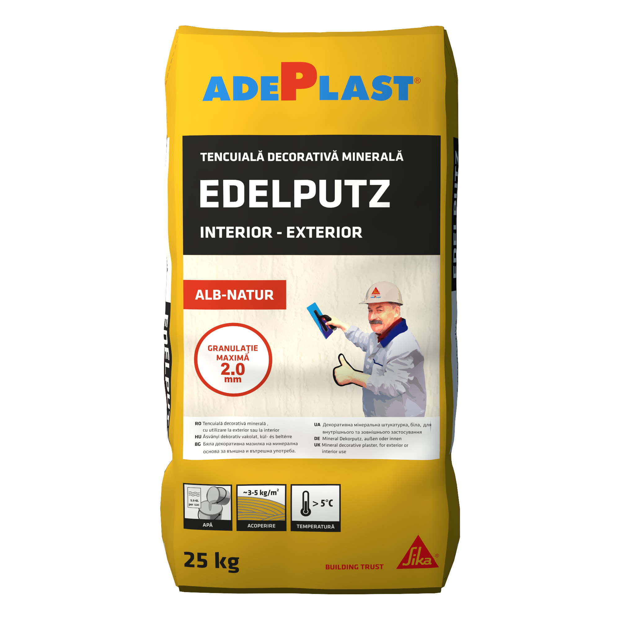 Tencuiala decorativa minerala Adeplast Edelputz, praf de piatra, granulatie 2 mm, interior/exterior, alb natur, 25 kg