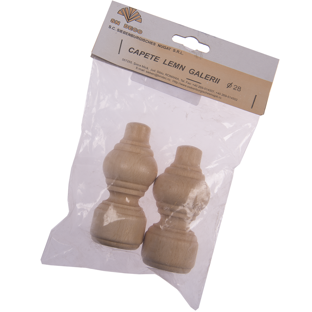 Set 2 capete pentru galerie, lemn natur, 28 mm