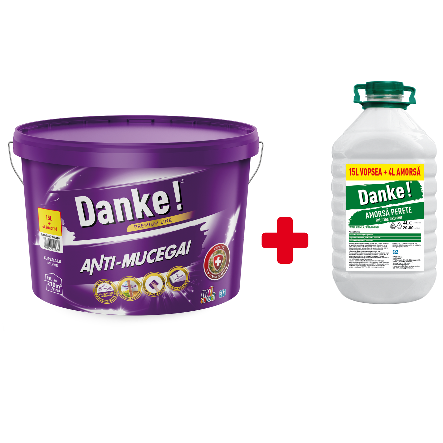 Vopsea lavabila antimucegai Danke, interior, baie si bucatarie, alb, 15 l + Amorsa 4 l