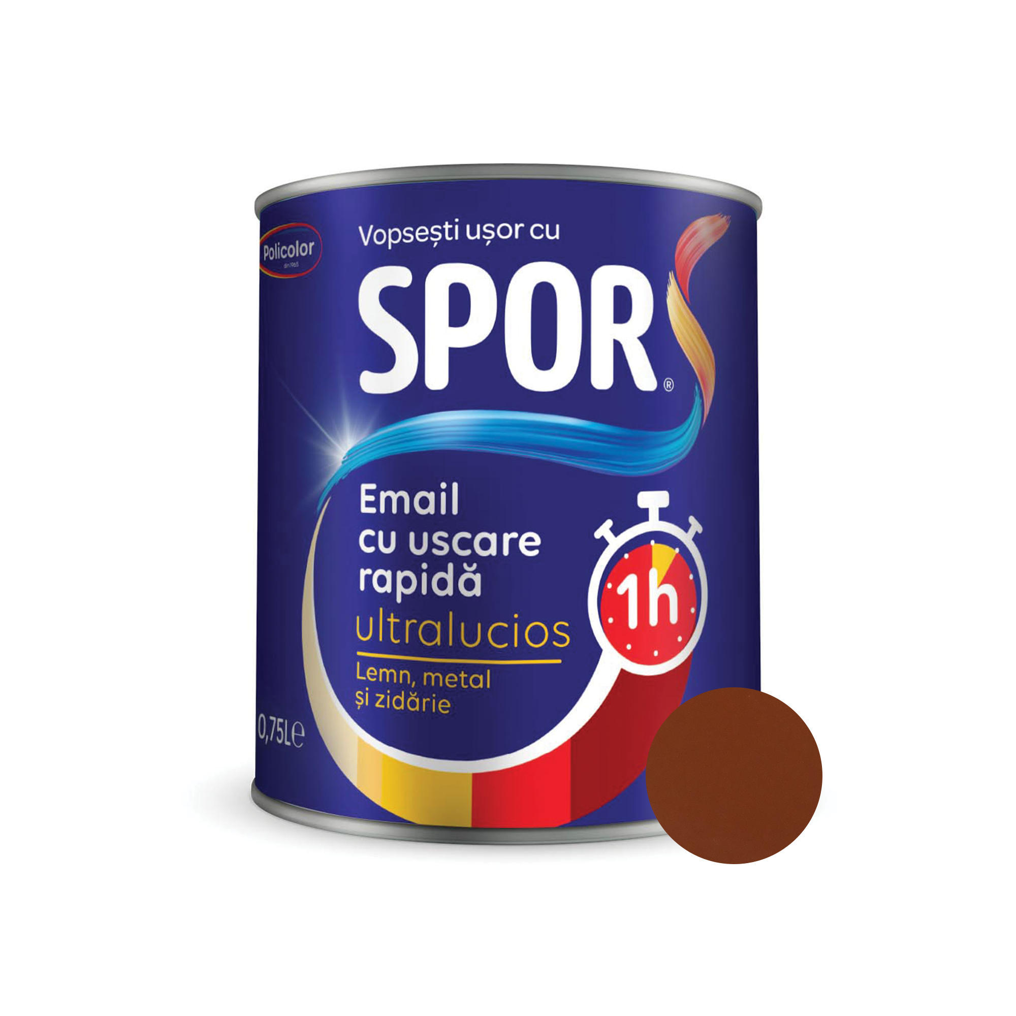 Email ultralucios Spor, pentru metal, interior/exterior, pe baza de rasini alchidice, maro, 0.75 l