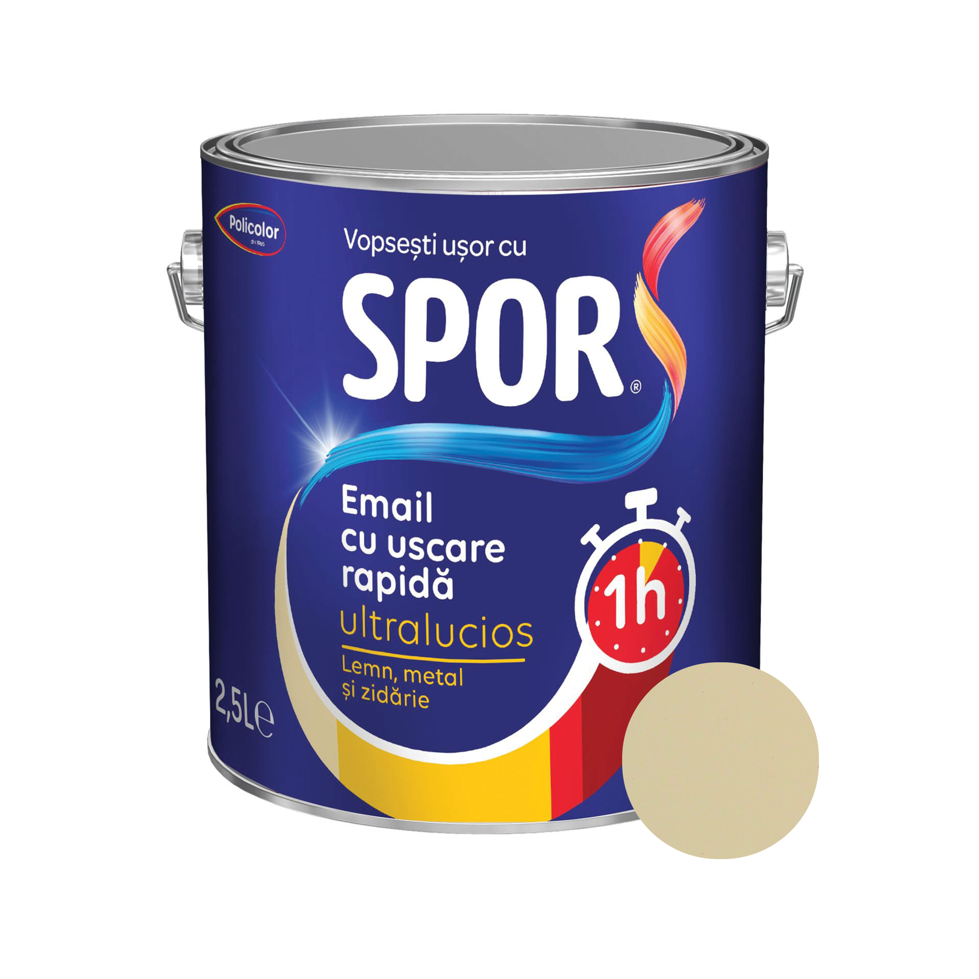 Email ultralucios Spor, pentru metal, interior/exterior, pe baza de rasini alchidice, crem, 2.5 l