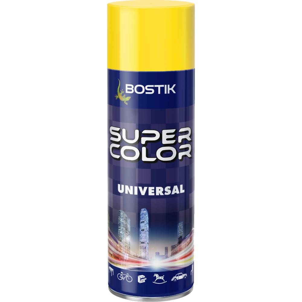 Vopsea spray universala decorativa Bostik Super Color, galben RAL 1023, lucios, interior/exterior, 400 ml