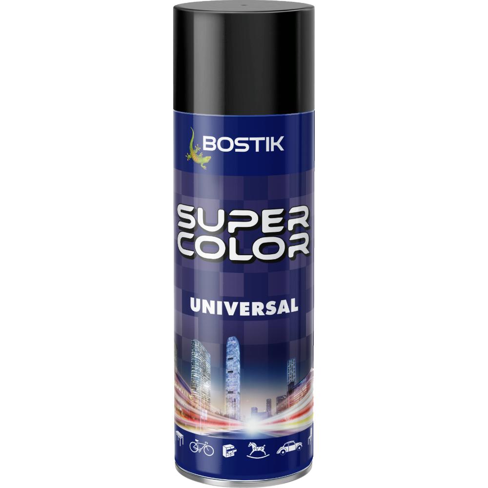 Vopsea spray universala decorativa Bostik Super Color, negru intens RAL 9005, interior/exterior, 400 ml
