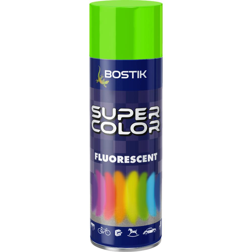 Vopsea spray retus decorativ efect fluorescent Bostik Super Color, verde, lucios, interior/exterior, 400 ml