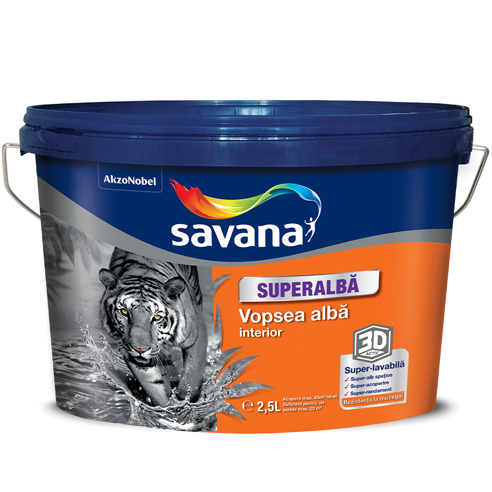 Vopsea superlavabila interior Savana 3D Activ, rezistenta la mucegai, superalb, 2.5 l
