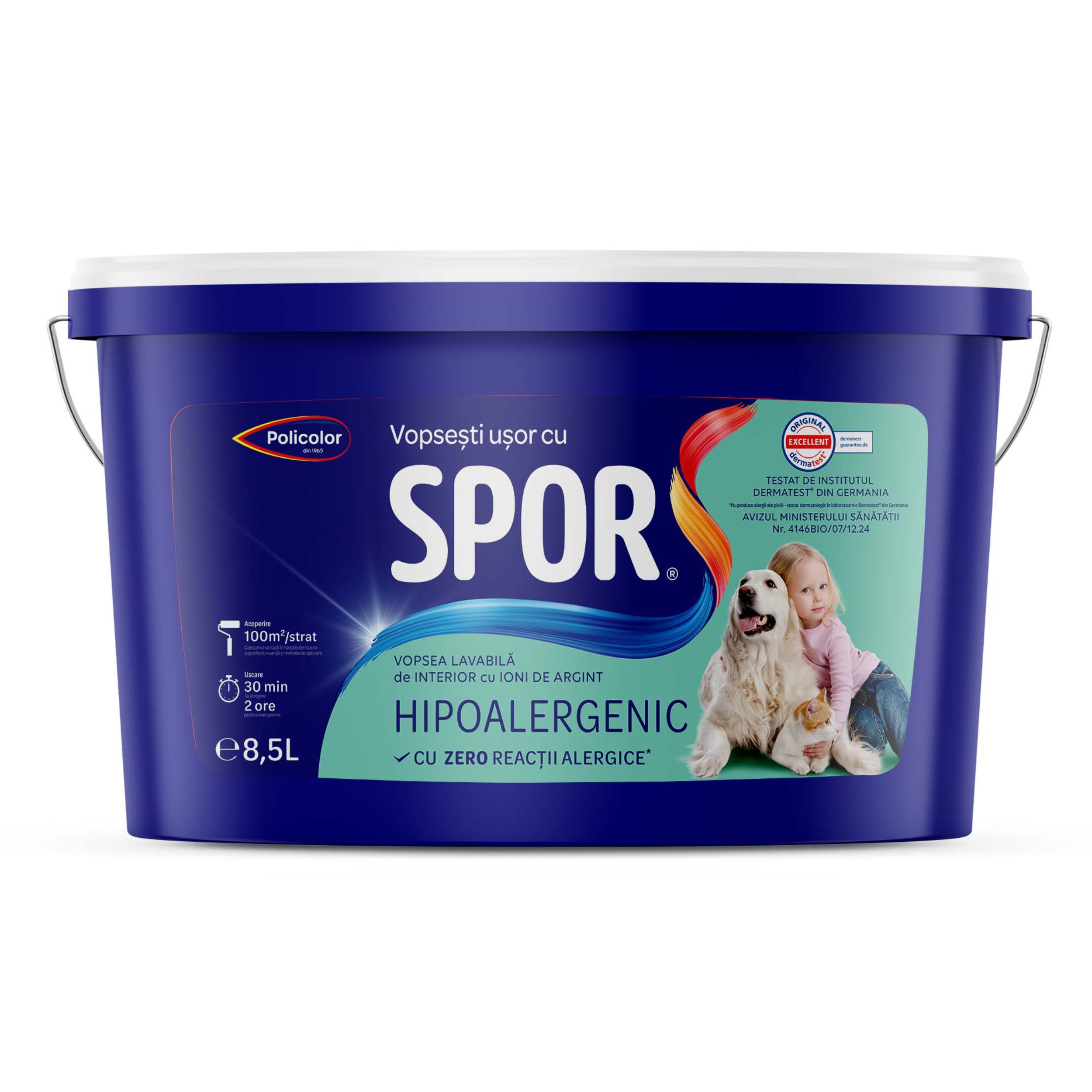 Vopsea lavabila interior Spor, hipoalergenic cu ioni de argint, alb, 8.5 l