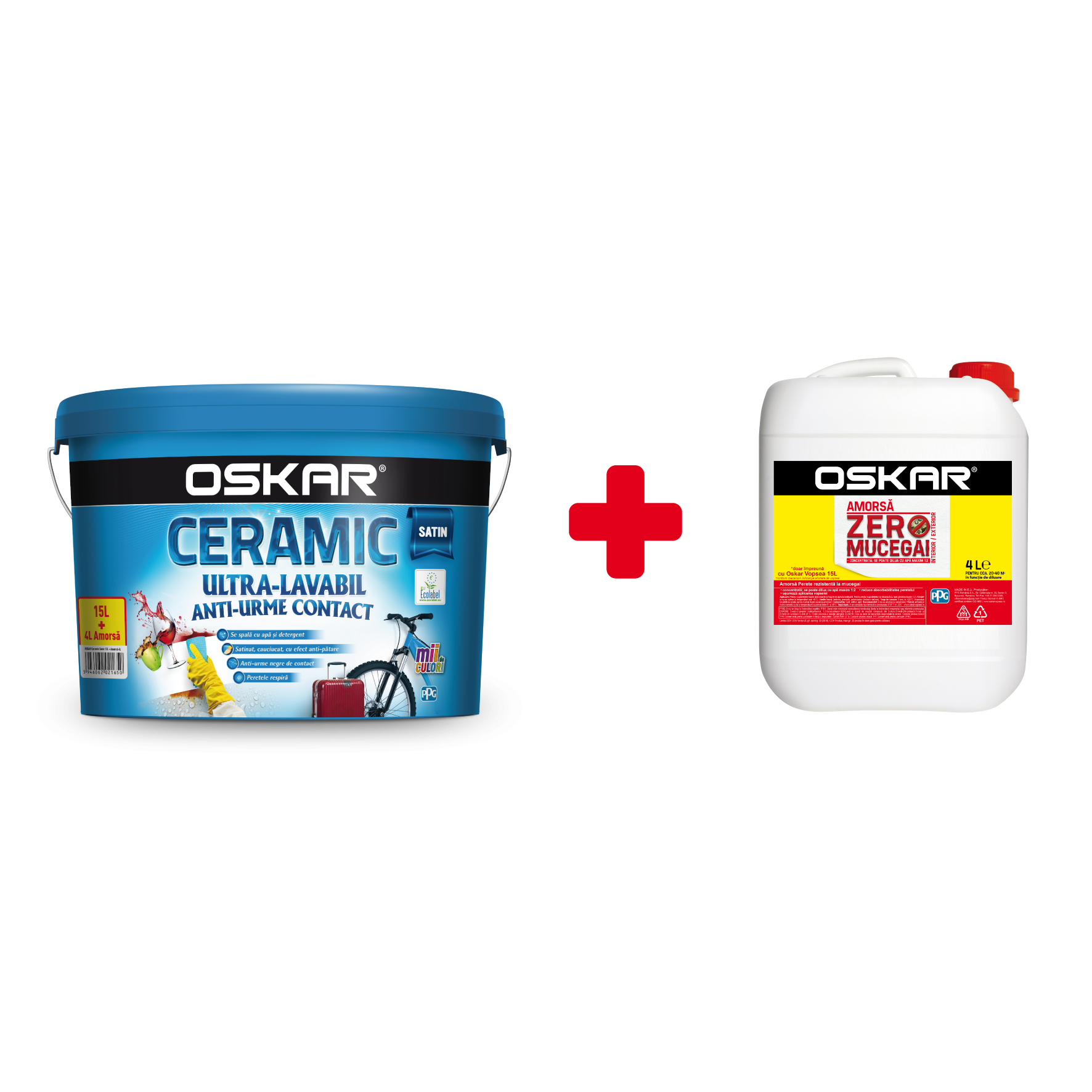 Vopsea ultralavabila interior/exterior, Oskar ceramic satinat, alb, 15 l + Amorsa Oskar zero mucegai 4 l