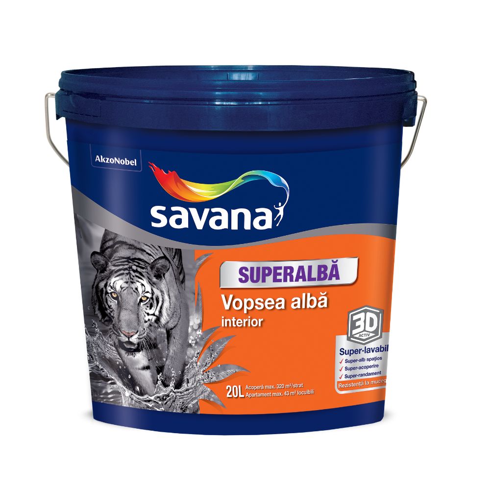 Vopsea superlavabila interior Savana 3D Activ, cu rezistenta la mucegai, alb, 20 l