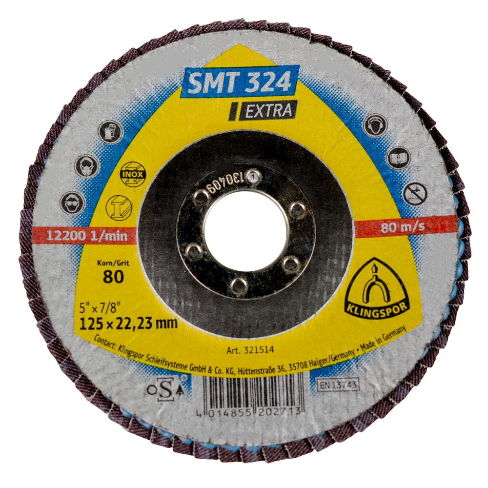 Disc lamelar frontal pentru otel/otel inoxidabil, Klingspor SMT 324 Extra, 125 mm, granulatie 80