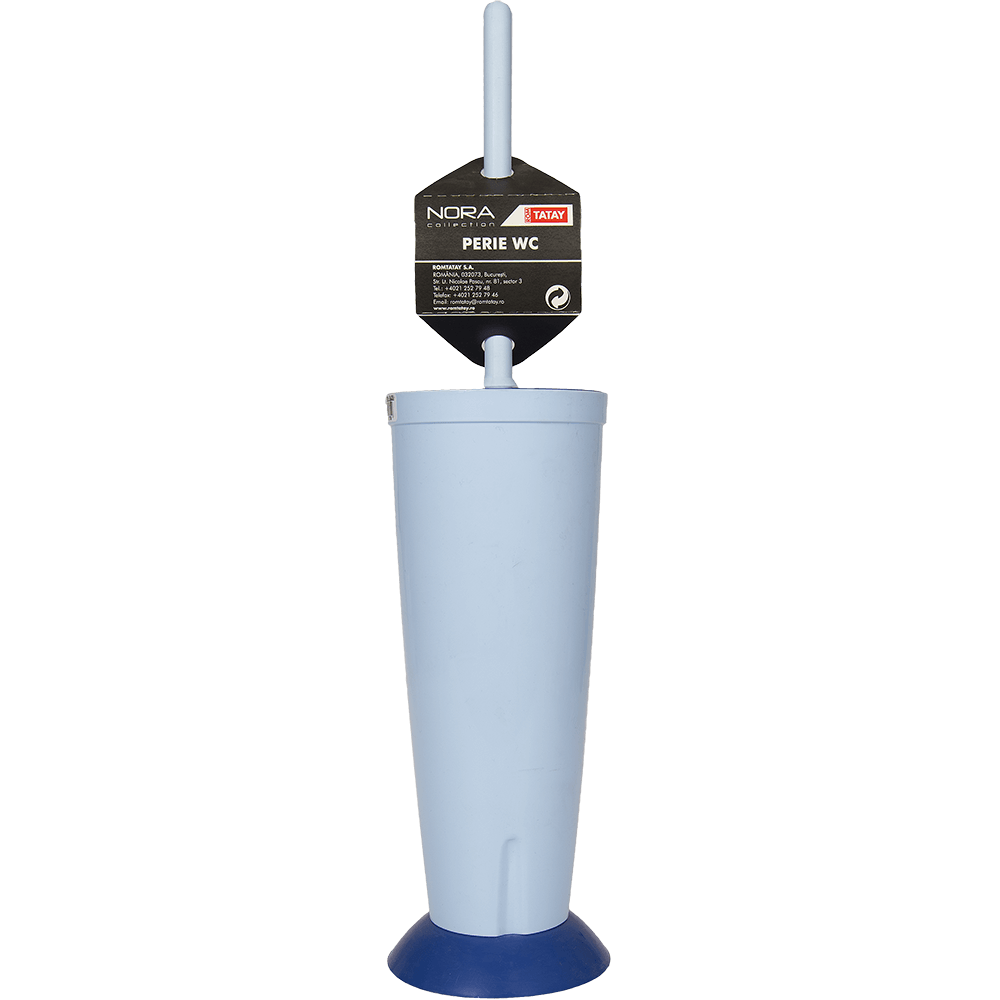 Perie si suport cu capac WC Romtatay Nora, plastic, bleu, 10 x 42 cm