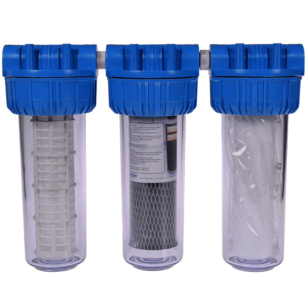 Filtru triplex de apa, carbune + polipropilena + sita, 10 cu 1/2 in linie