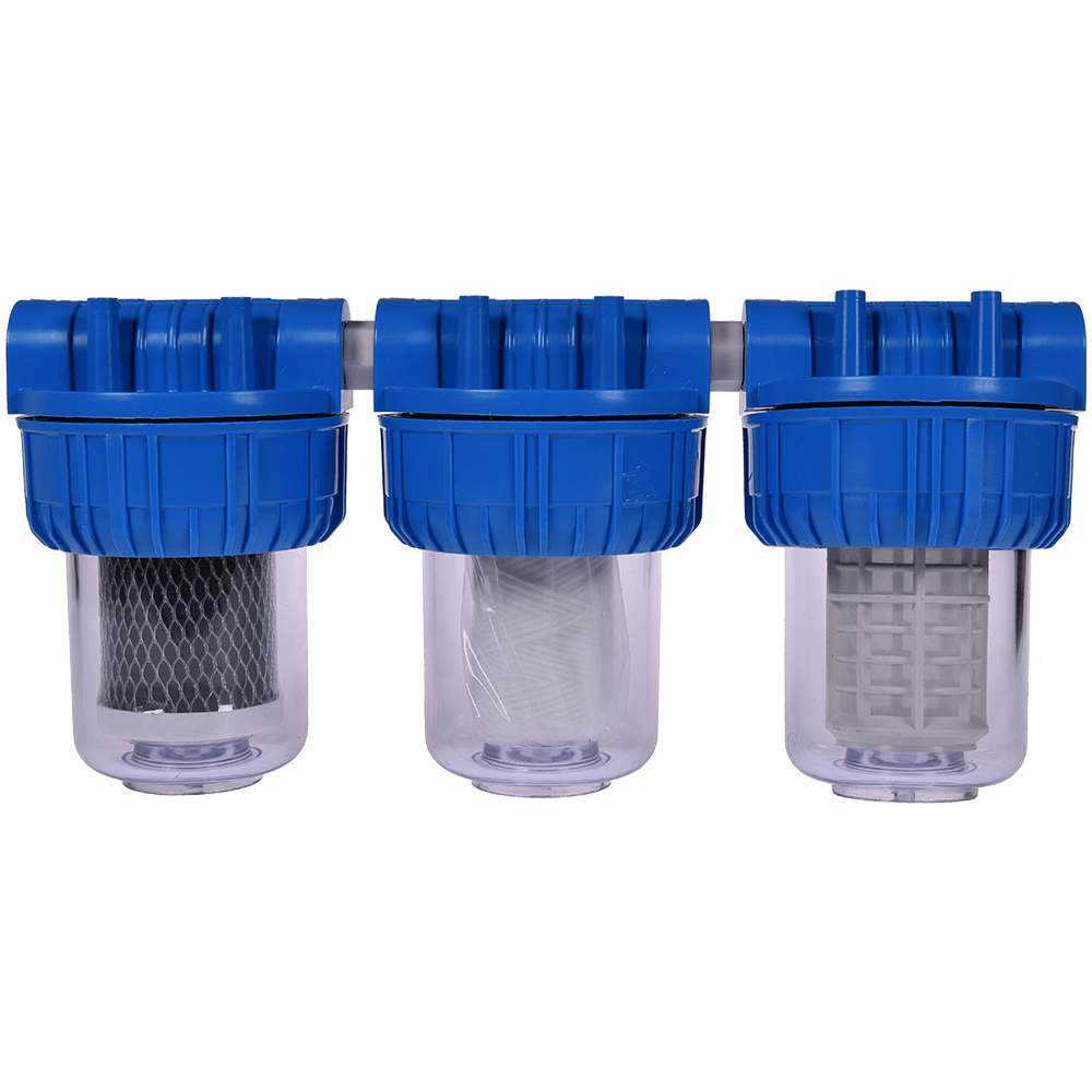 Filtru triplex de apa, 3 trepte filtrare, carbune + polipropilena + sita, 5 cu 1 in linie