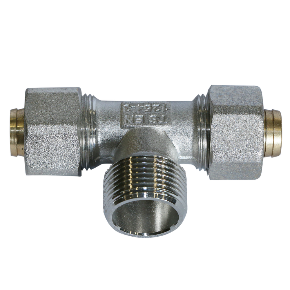 Teu pentru teava multistrat, alama, filet exterior, 20 mm x 3/4 inch x 20 mm, FE, alama, argintiu/auriu, 20 mm x 3/4 inch x 20 mm