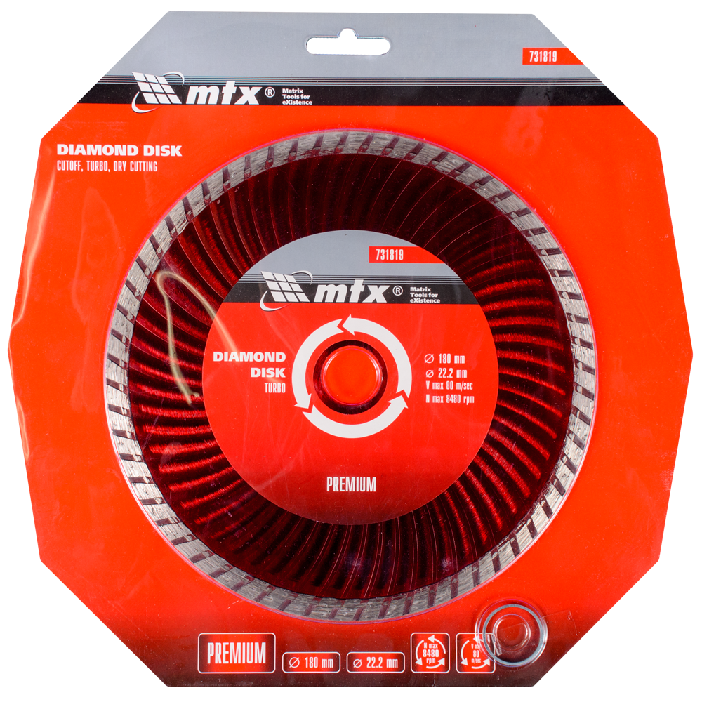 Disc diamantat taiere uscata MTX Premium Turbo, 180 x 22.2 mm