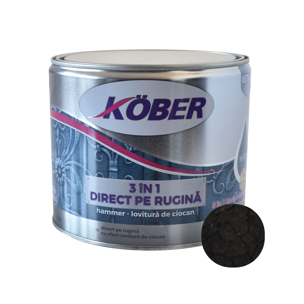 Vopsea alchidica pentru metal Kober 3 in 1 Hammer,interior/exterior, negru, 2.5 l