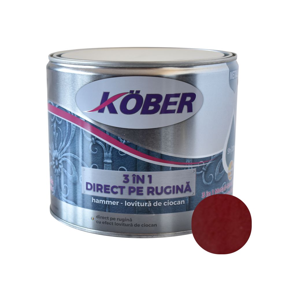 Vopsea alchidica pentru metal Kober 3 in 1 Hammer, interior/exterior, bordeaux, 2.5 l