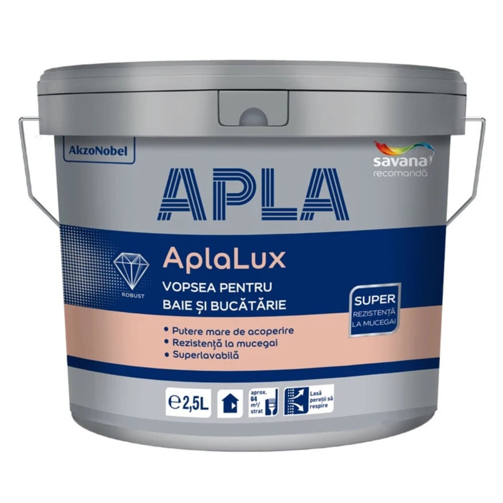 Vopsea superlavabila antimucegai Aplalux, interior, baie si bucatarie, alb, 2.5 l