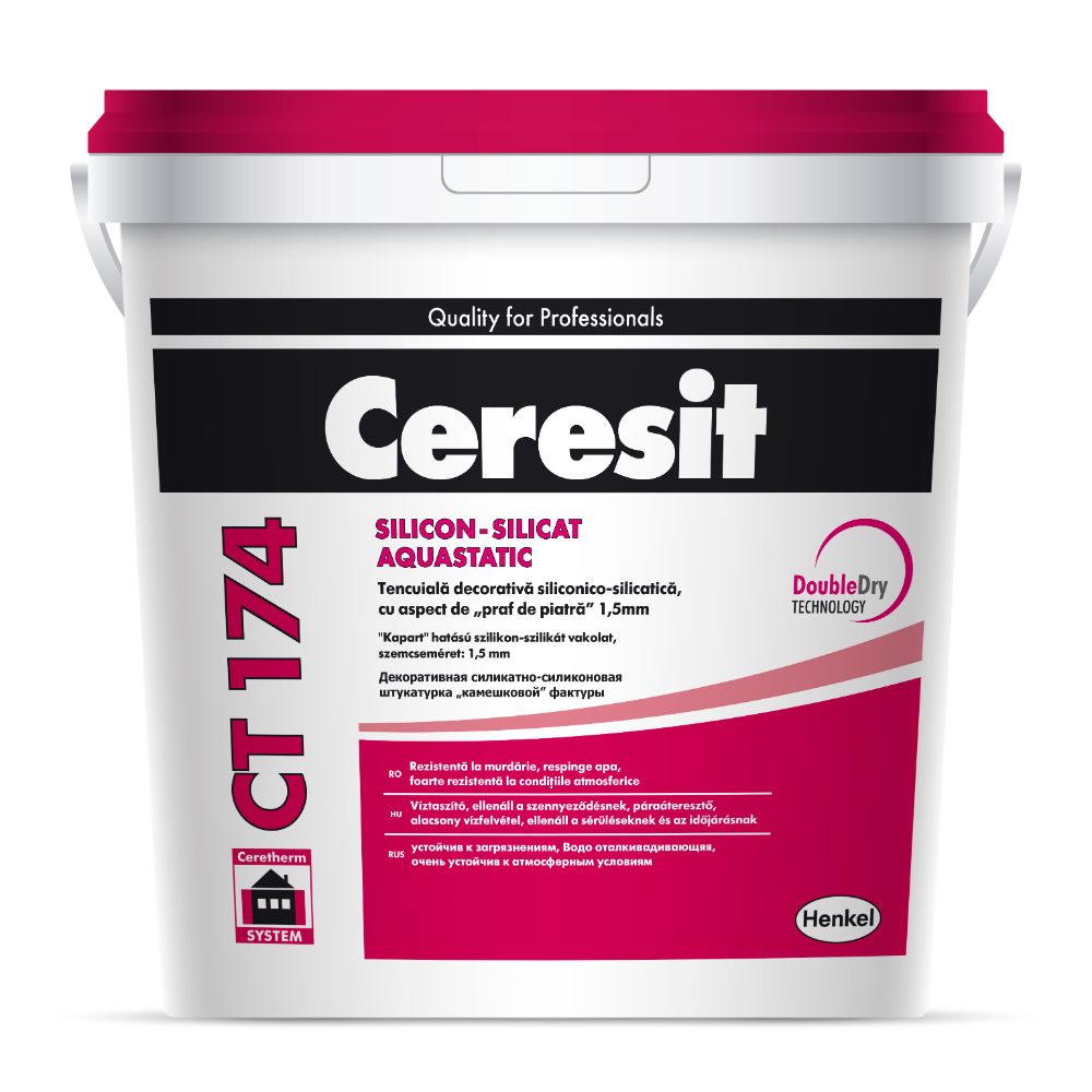 Tencuiala decorativa siliconica-silicatica Ceresit CT 174, aspect praf de piatra, granulatie 1.5, interior/exterior, 25 kg