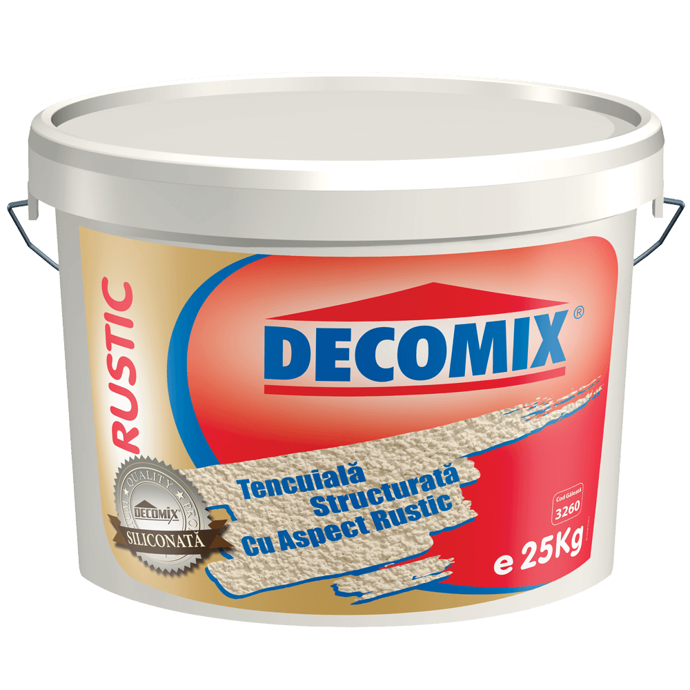 Tencuiala decorativa siliconica Decomix K15 Rustic, aspect bob de orez, granulatie 1,5mm, exterior, alb, 25 kg