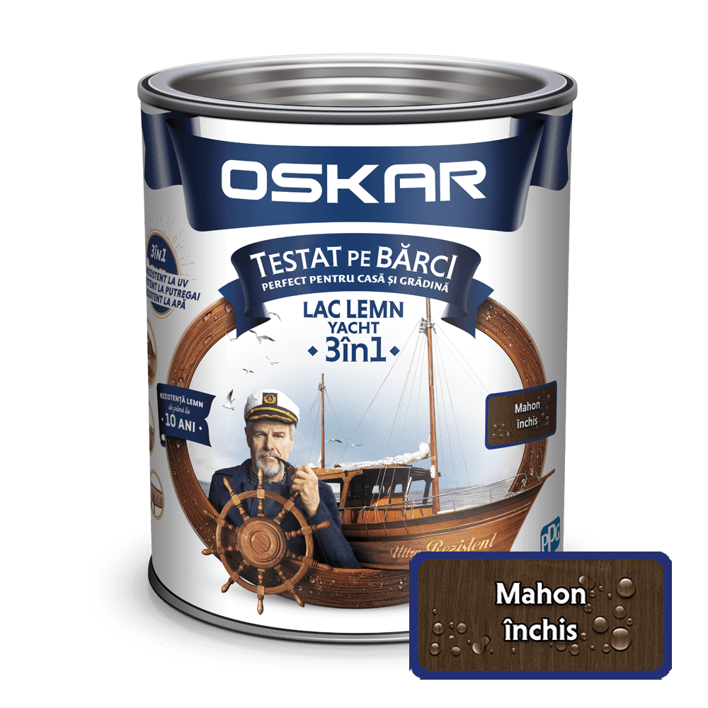 Lac pentru lemn Oskar Yacht, mahon inchis, interior/exterior, 0.75 L